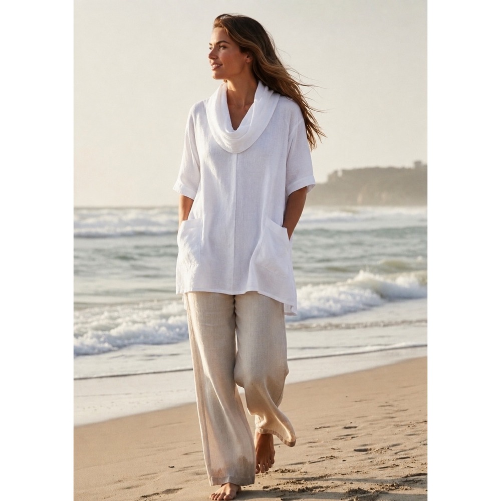 Match Point Women 100% Linen Cowl Neck Tunic Top XL White Lagenlook Boho Coastal